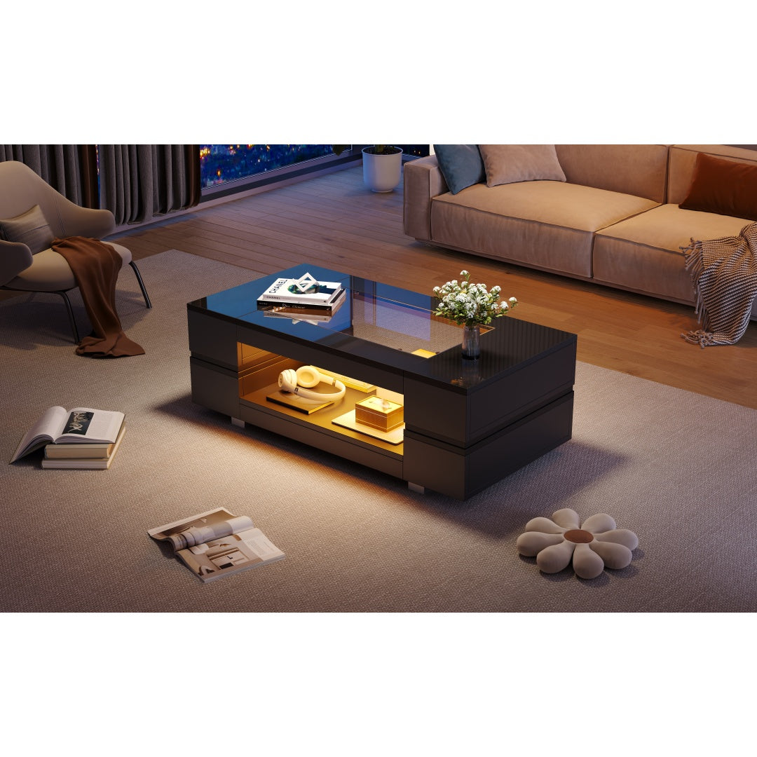 Black High‑Gloss LED Hollow Coffee Table with Glass Top