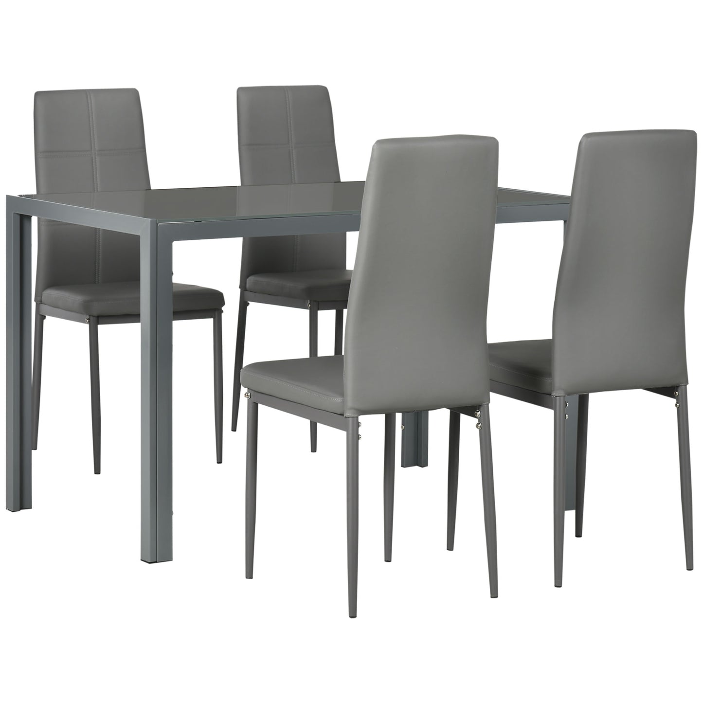 5‑Piece Grey Dining Table Set with Glass Table & 4 Faux Leather Chairs