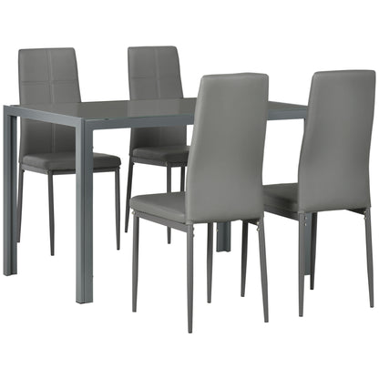 5‑Piece Grey Dining Table Set with Glass Table & 4 Faux Leather Chairs