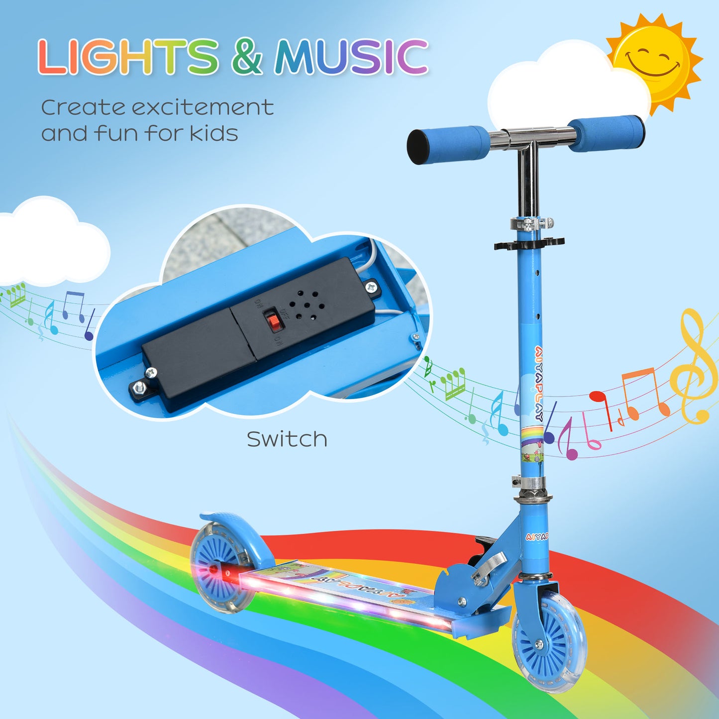 Kids Scooter, With Lights, Music, Adjustable Height, Foldable Frame, For Ages 3-7 Years - Blue
