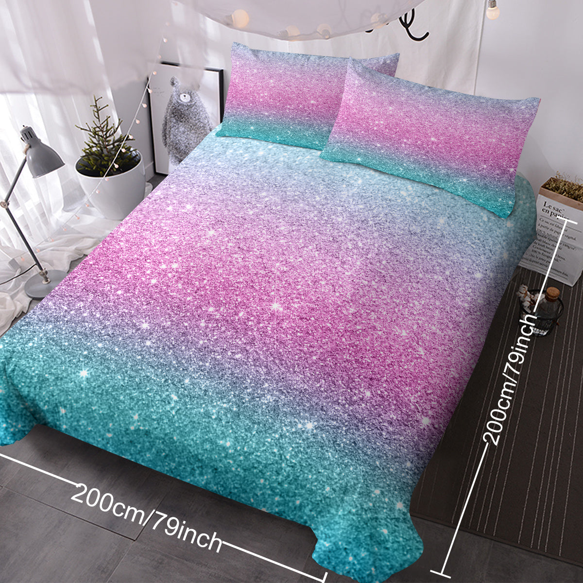 Celestial Dream Rainbow Glitter Ombre Bedding Set | 3-Piece Pastel Duvet Cover Set with 2 Pillow Shams, Purple Blue Green (Double/Full)