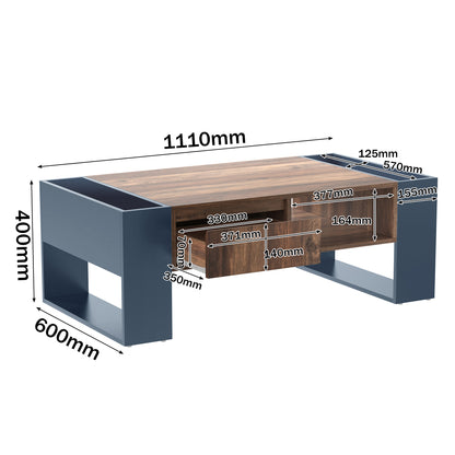 Wood Grain Coffee Table with Handleless Drawer & Double‑Sided Storage – Black/Grey