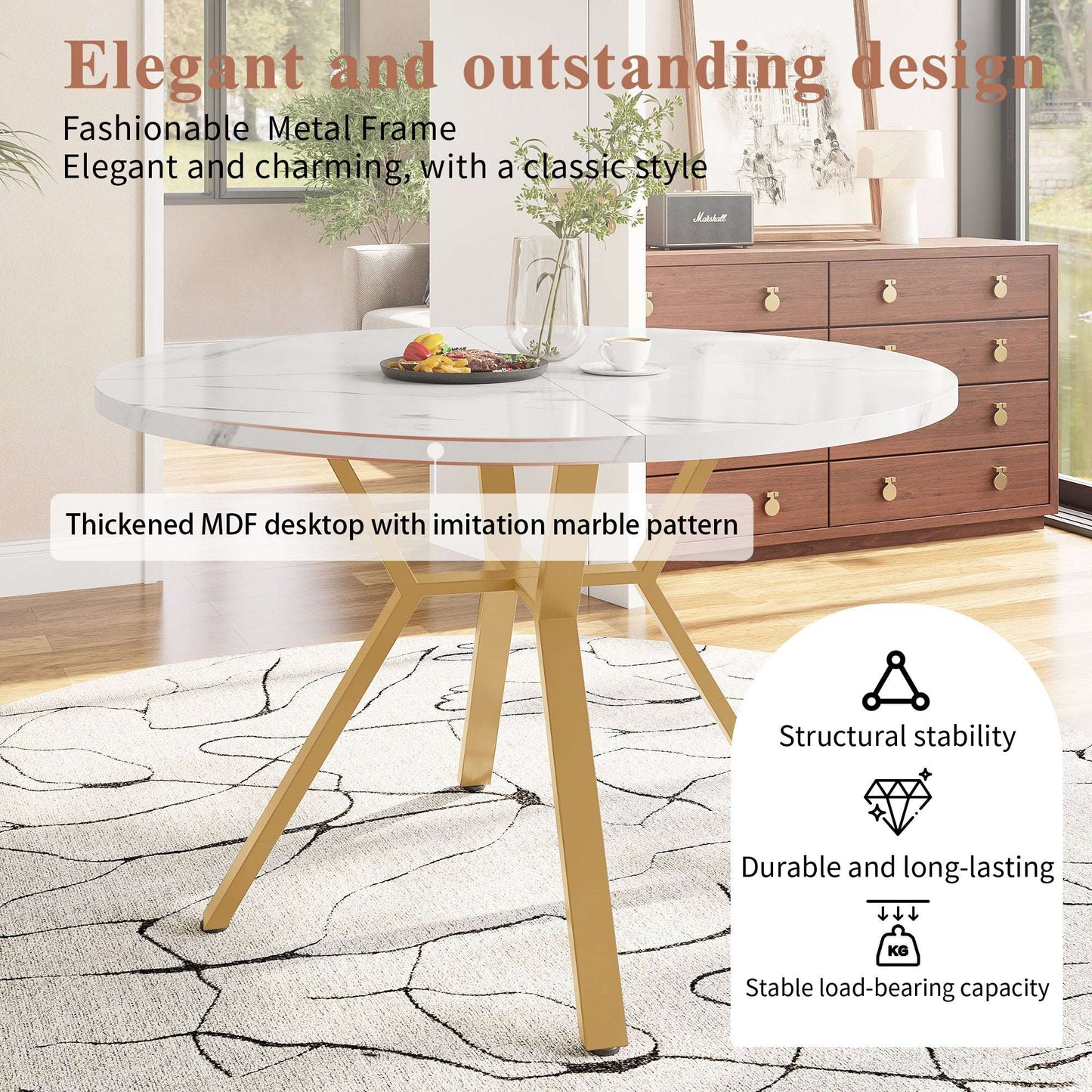 Modern And Sleek Round Marble Dining Table Diameter 1 M, X-shaped Coffee Table With Metal Support, Stable And Durable, A Must-have For Fashionable Homes