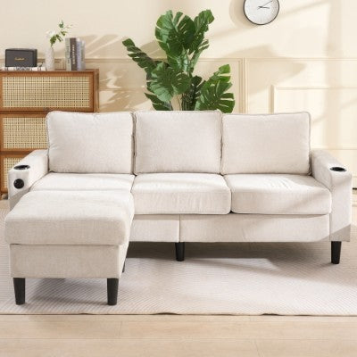 L-Shaped Corner Sofa 3-Seater – Sectional Couch with USB & Cup Holder, Beige