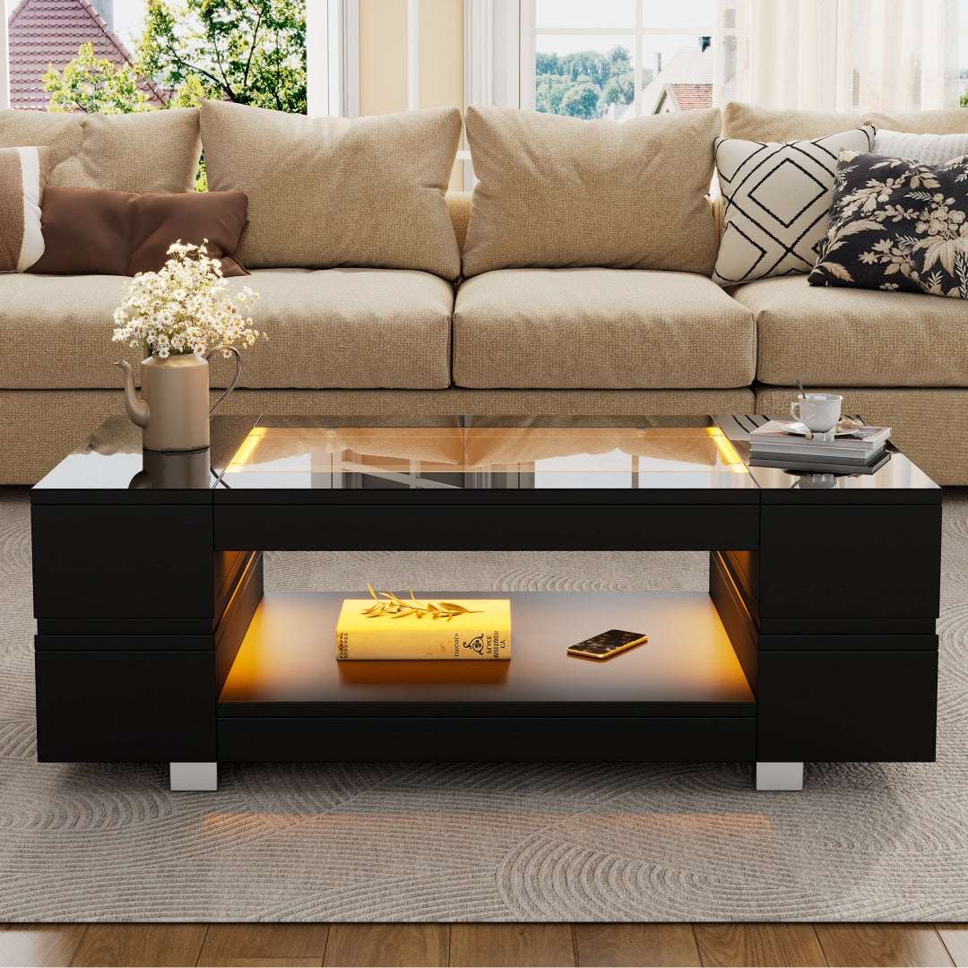 Black High‑Gloss LED Hollow Coffee Table with Glass Top