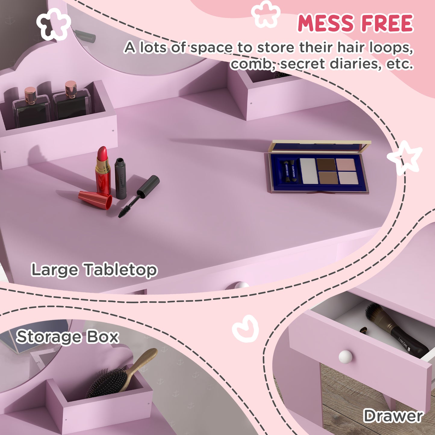 ZONEKIZ Kids Vanity Table With Mirror, Stool, Drawer, Storage Boxes, Cat Design, For Ages 3-6 Years - Pink