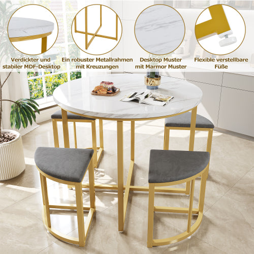 Modern Metal Frame Round Marble Dining Table And Chair Set 5 Pieces With 4 Semi-circular Stools, Suitable For Small Apartments And Restaurants