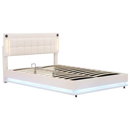 Beige 4ft6 Velvet LED Hydraulic Storage Bed with USB & Type‑C Charging Station