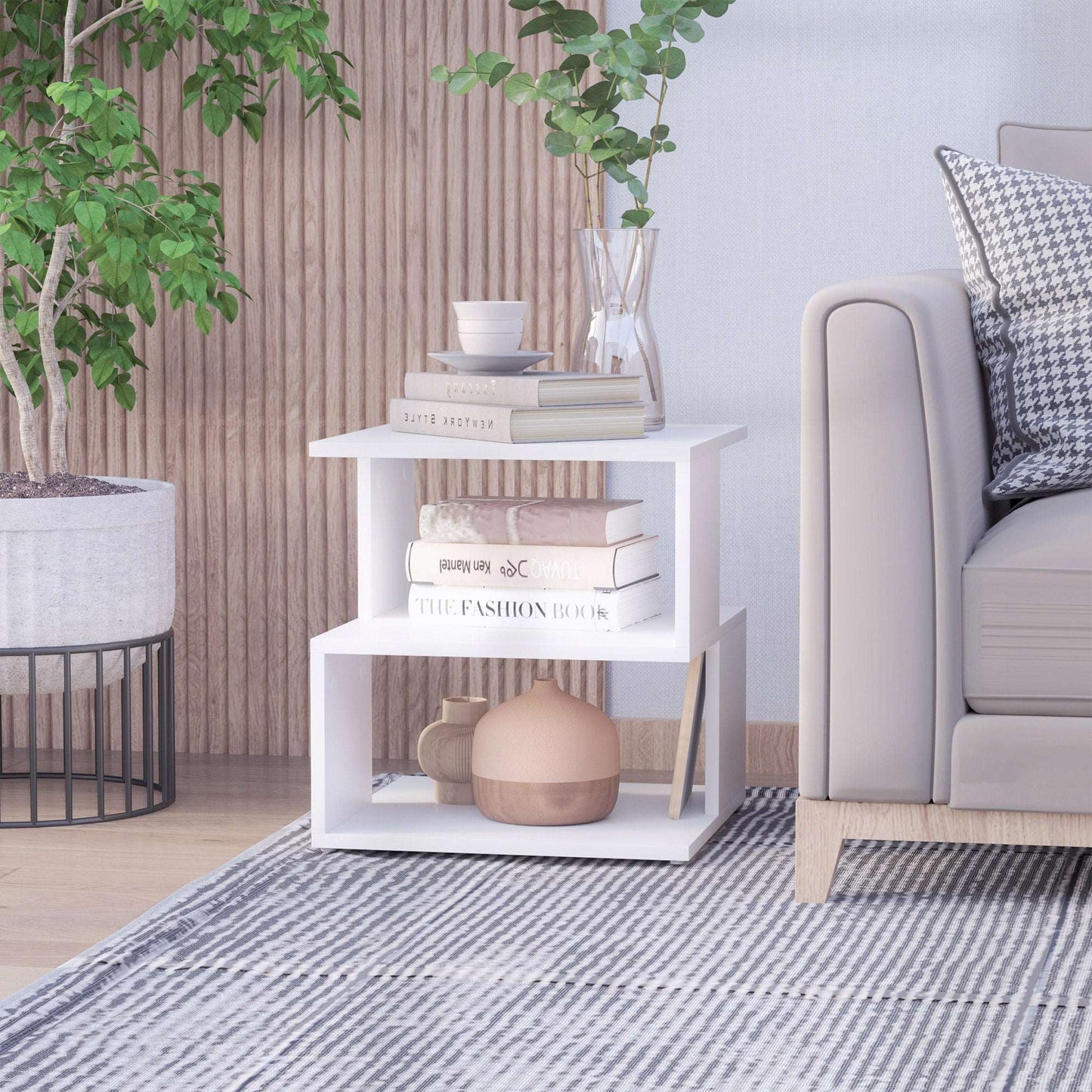 White Square Side Table with 2‑Tier Storage Shelves – Modern End Table