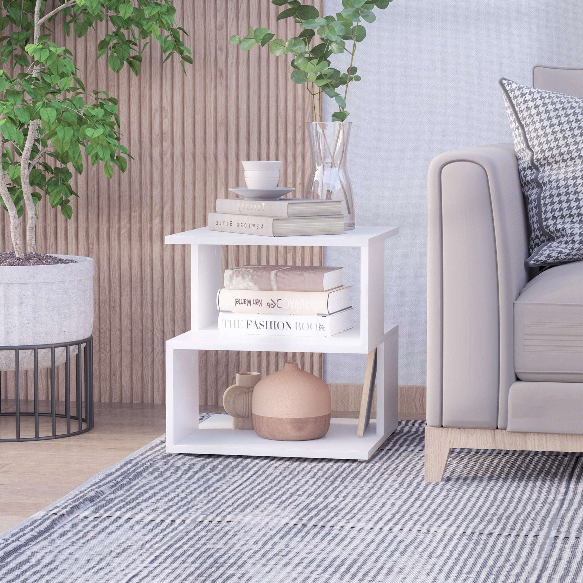 White Square Side Table with 2‑Tier Storage Shelves – Modern End Table