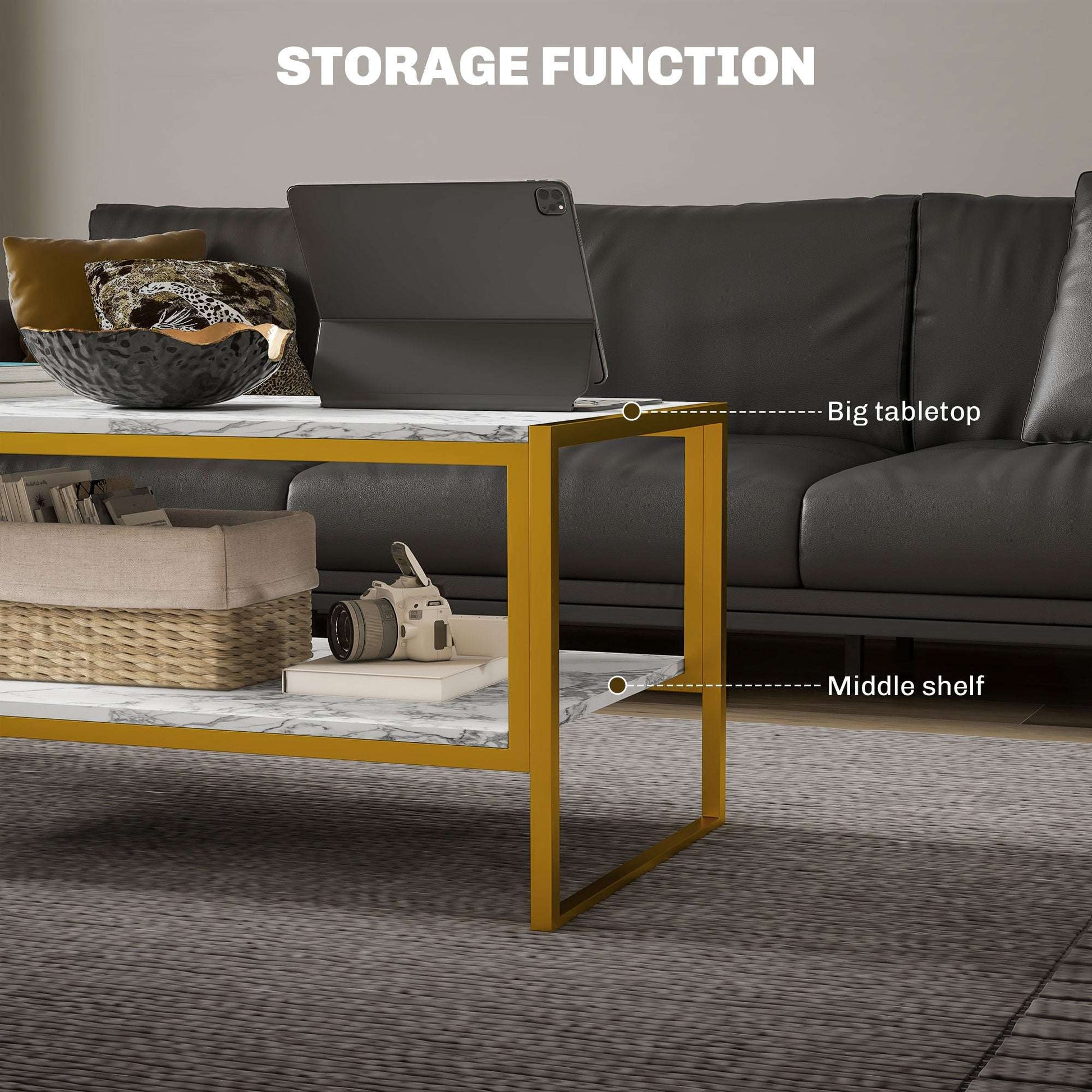 Two Tier Faux Marble Coffee Table with Metal Frame – White