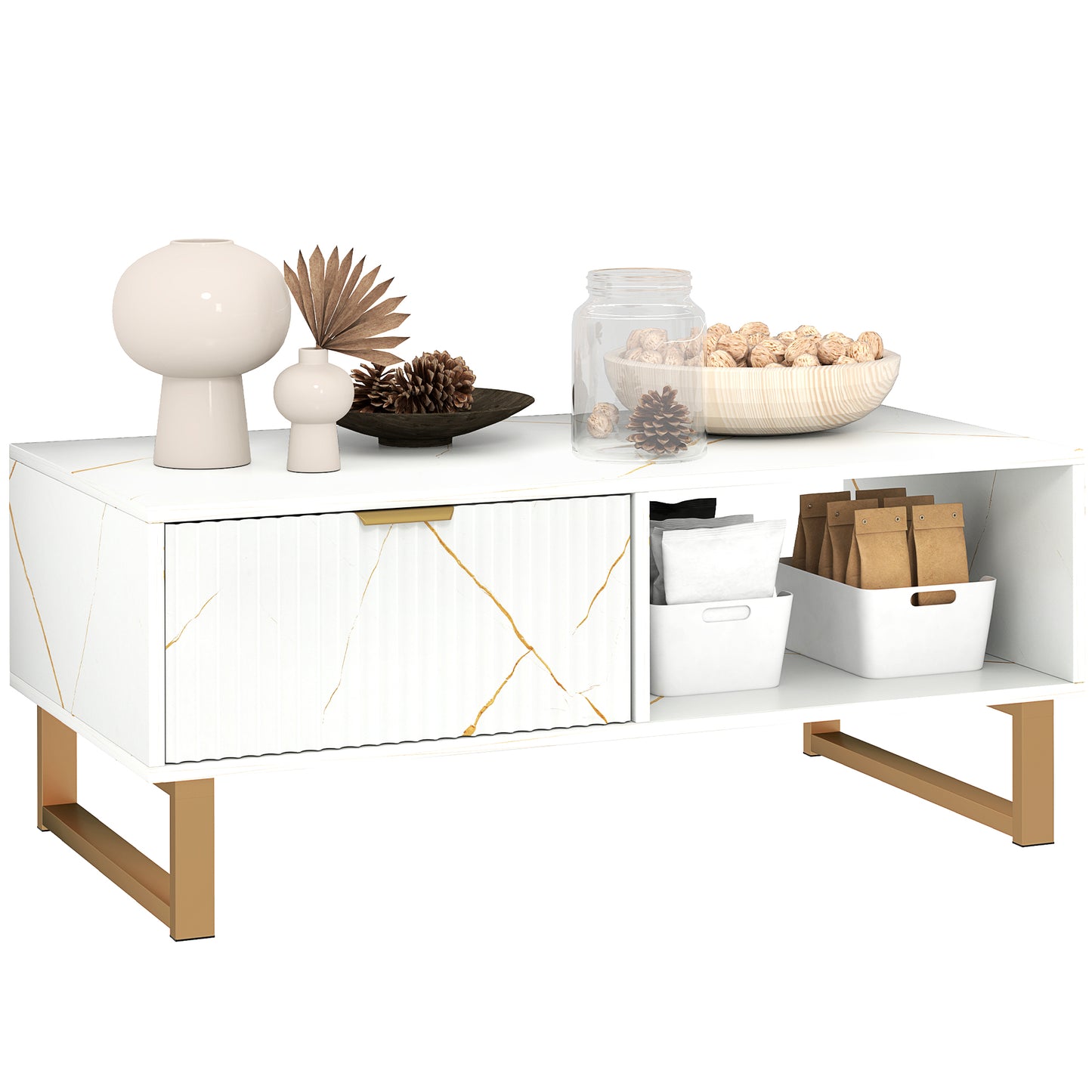White Marble Effect Coffee Table with Drawer and Shelves – Gold Accents
