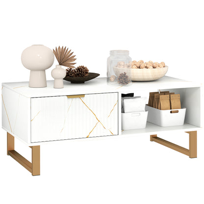 White Marble Effect Coffee Table with Drawer and Shelves – Gold Accents