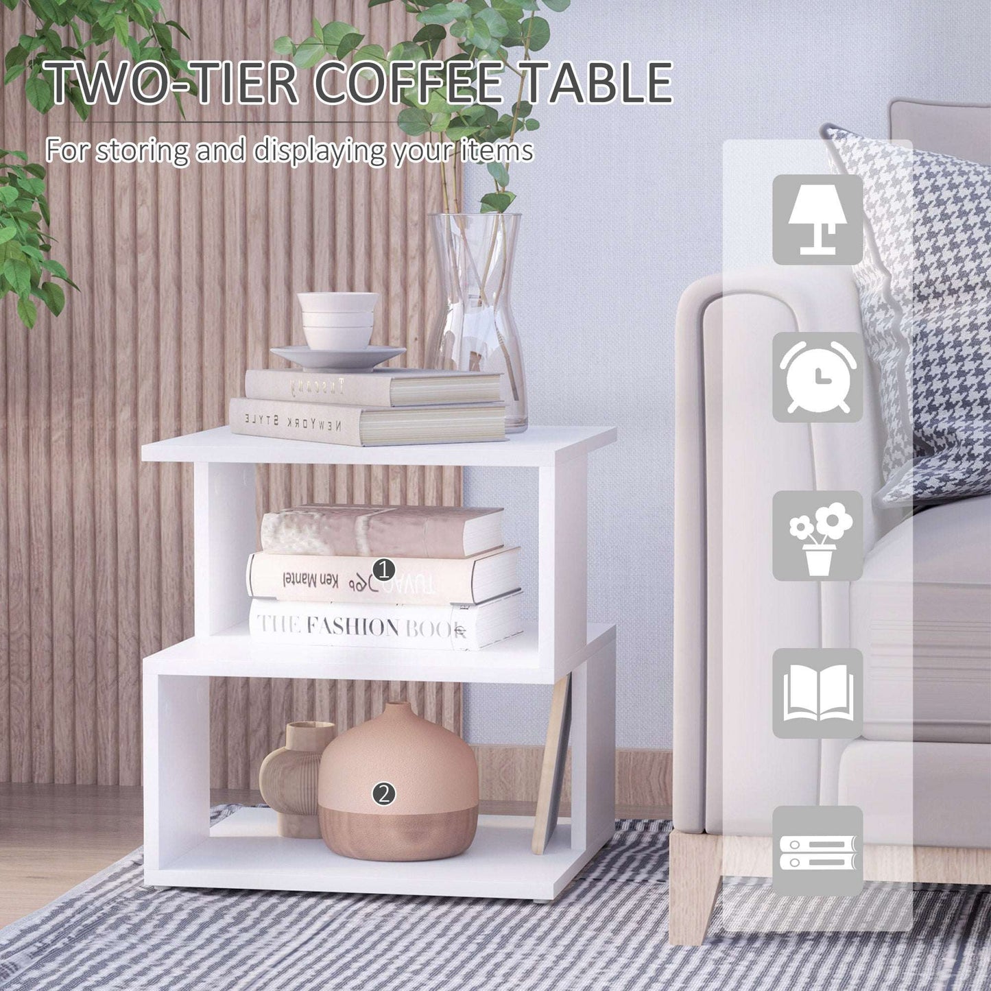 White Square Side Table with 2‑Tier Storage Shelves – Modern End Table