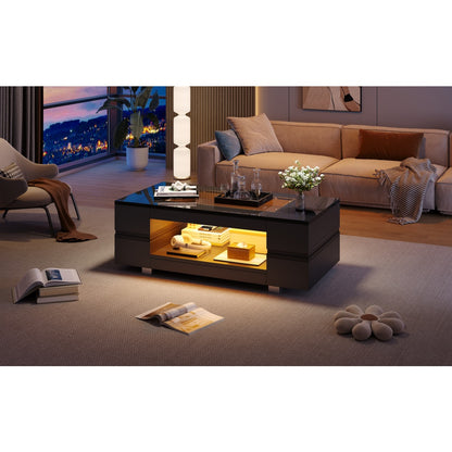 Black High‑Gloss LED Hollow Coffee Table with Glass Top