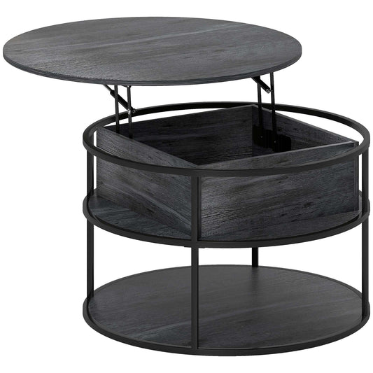 Charcoal Grey Round Lift‑Top Coffee Table with Storage & Steel Frame