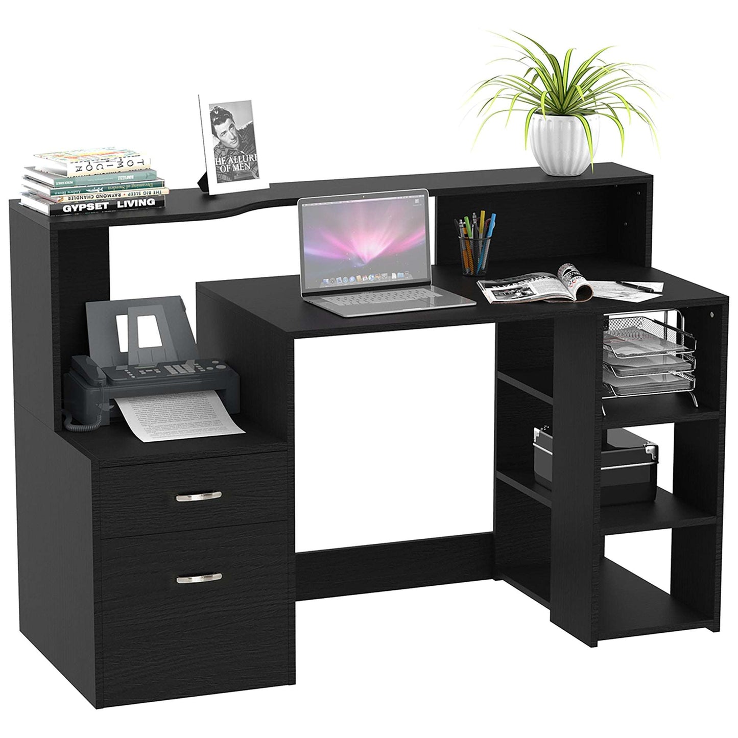 Computer Desk With Drawers And Storage Shelves, Office Desk Writing Table With Printer Stand, Large Workstation For Study Play Work Home Office, 137 X 55 X 92cm, Black