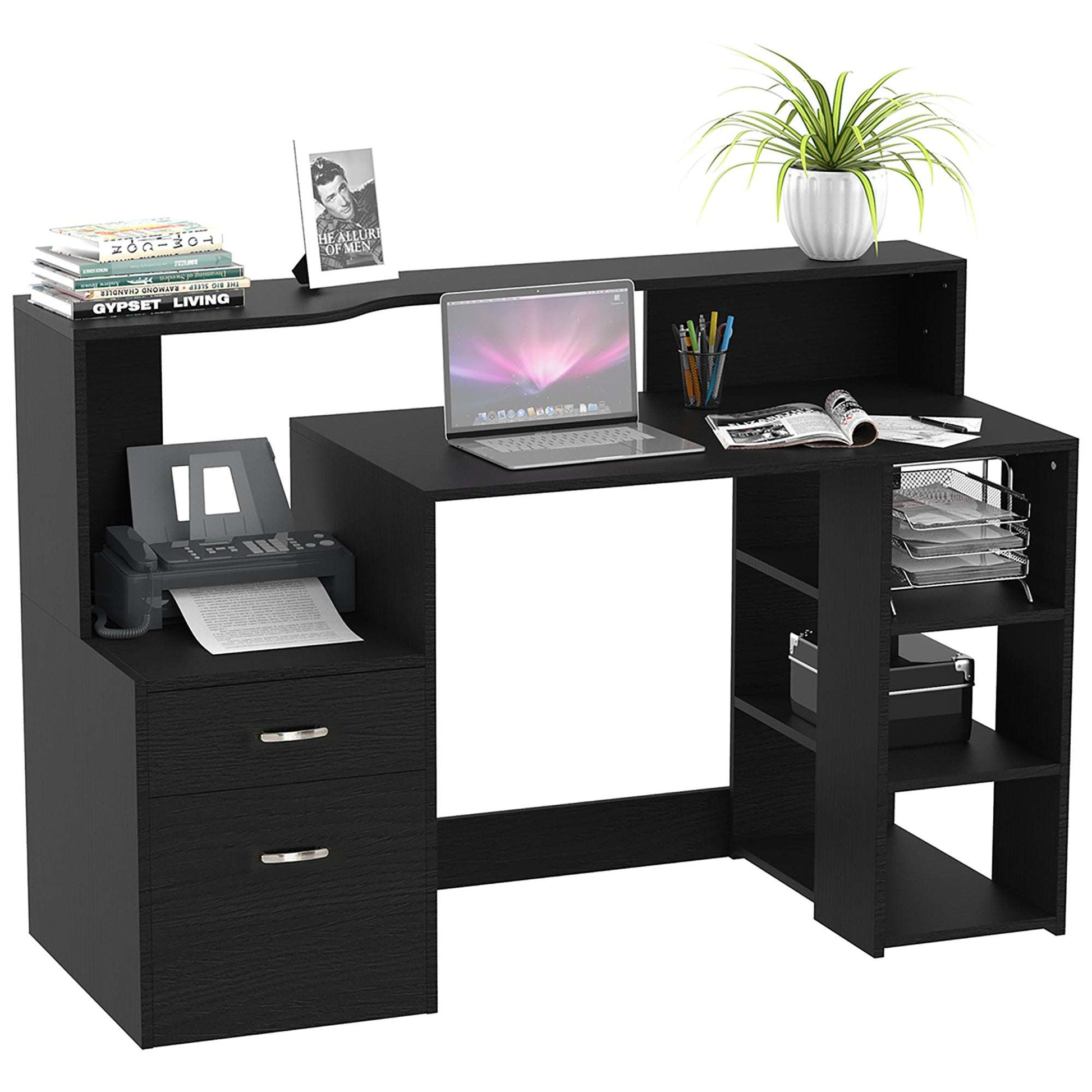 Computer Desk With Drawers And Storage Shelves, Office Desk Writing Table With Printer Stand, Large Workstation For Study Play Work Home Office, 137 X 55 X 92cm, Black