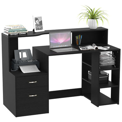 Computer Desk With Drawers And Storage Shelves, Office Desk Writing Table With Printer Stand, Large Workstation For Study Play Work Home Office, 137 X 55 X 92cm, Black