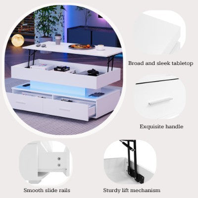 Ascend Smart Lift-Top Coffee Table 100cm – White with LED Lights & Storage