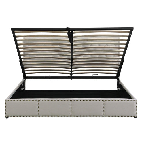 Upholstered Double Bed 4ft6 – Light Grey Linen with Storage & Rivets