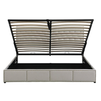 Upholstered Double Bed 4ft6 – Light Grey Linen with Storage & Rivets