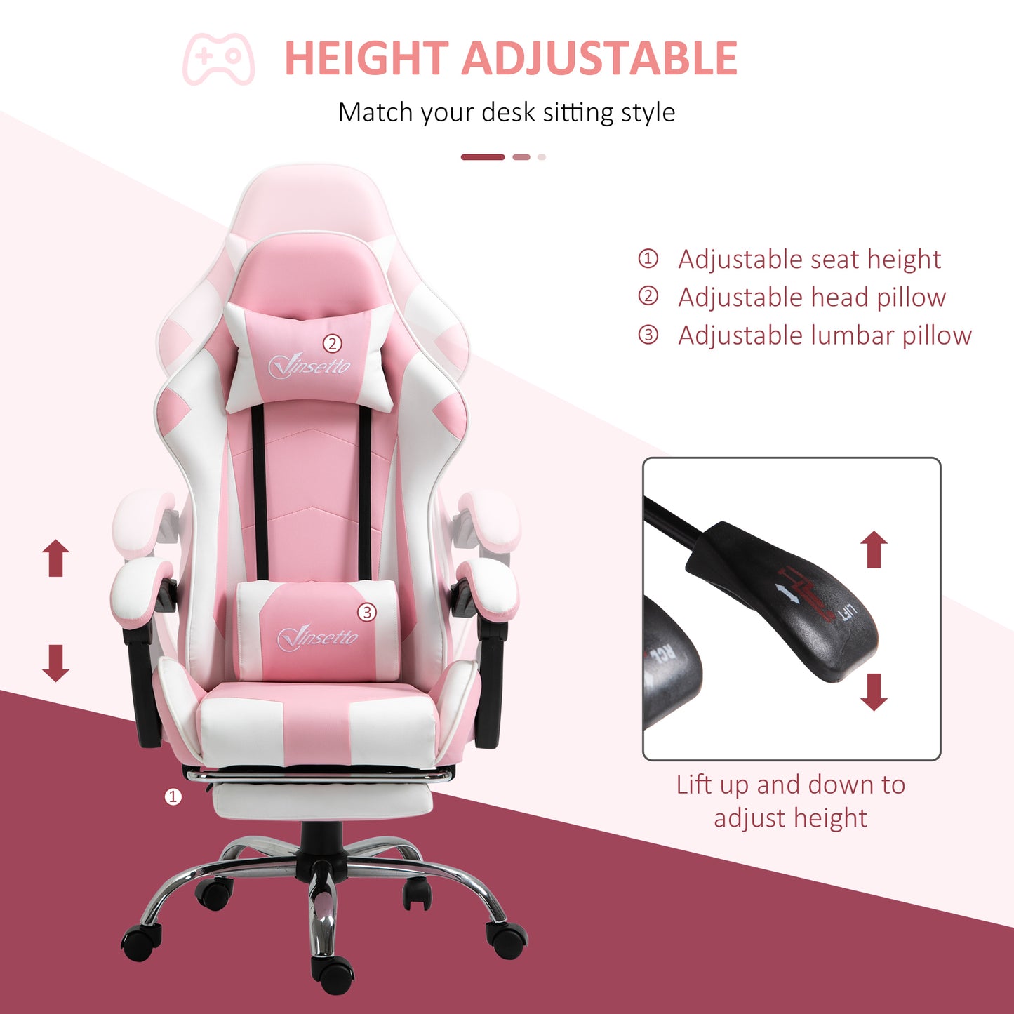 Vinsetto Ergonomic Gaming Chair, PU Leather Reclining Computer Chair With Footrest And Lumbar Support, Headrest And Adjustable Height For Adults, Pink