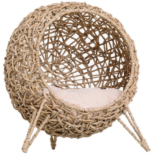 PawHut Wicker Cat Bed, Ball-Shaped Rattan Elevated Cat Basket With Three Tripod Legs, Cushion - Natural Wood Finish