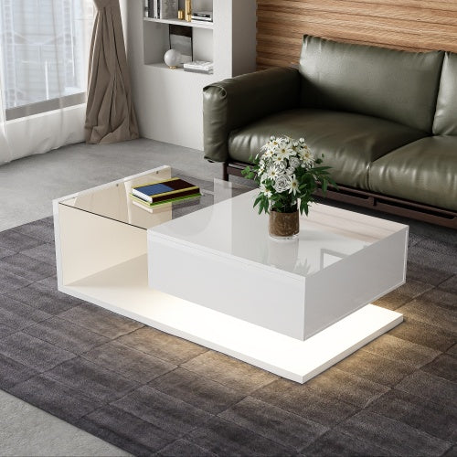 High Gloss White Coffee Table with Glass Top & LED Lighting