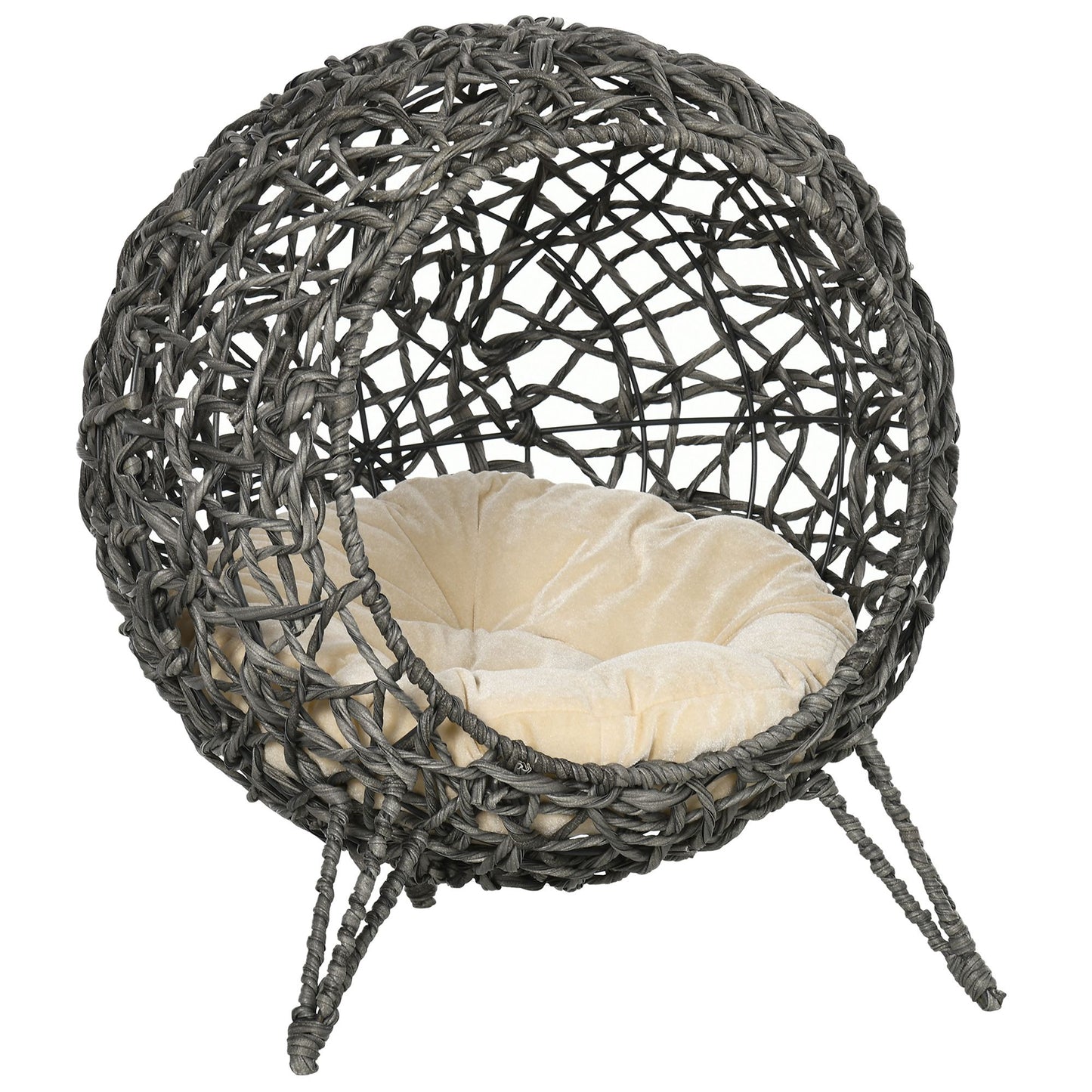 PawHut Rattan Elevated Cat Bed House Kitten Basket Ball Shaped Pet Furniture W/ Removable Cushion - Silver-Tone And Grey
