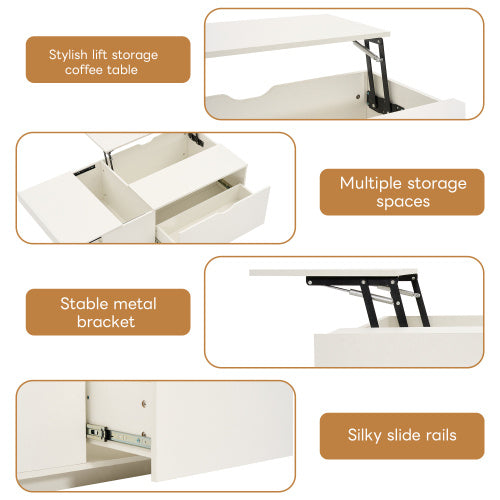 Lift-Up Coffee Table – White Wooden Sofa End Table with Drawer