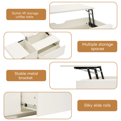 Lift-Up Coffee Table – White Wooden Sofa End Table with Drawer