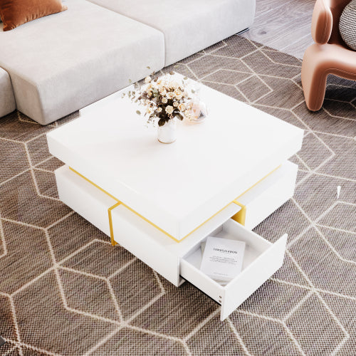 Block coffee table | High Gloss  with Gold Accents and Drawers – Black and White