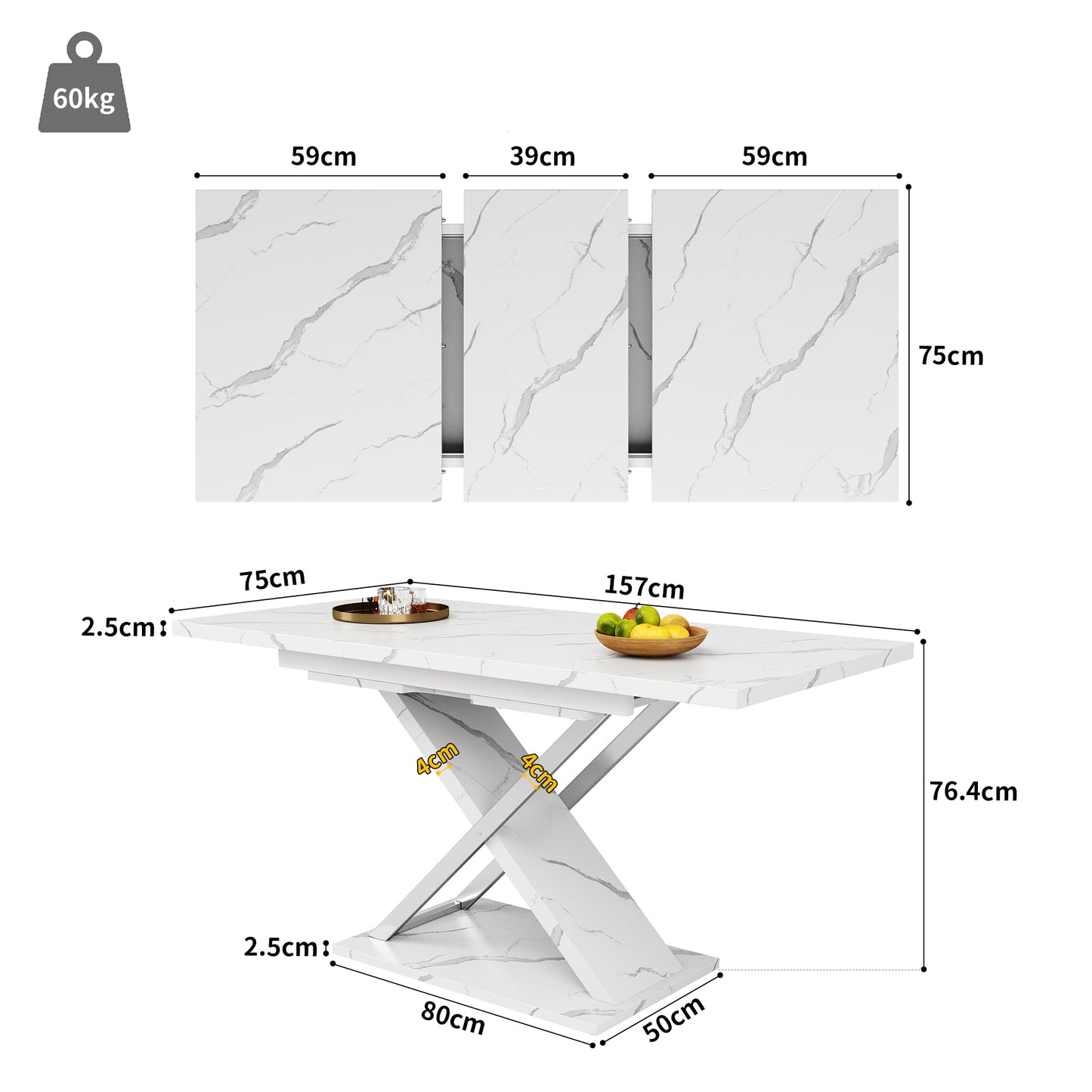 Extendable Dining Table with Cross Legs – White