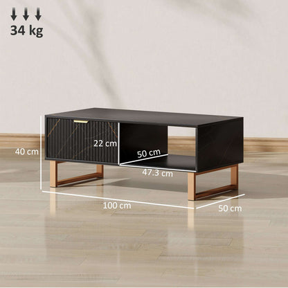 Black Marble‑Effect Coffee Table with Drawer & Shelves – Gold Accents