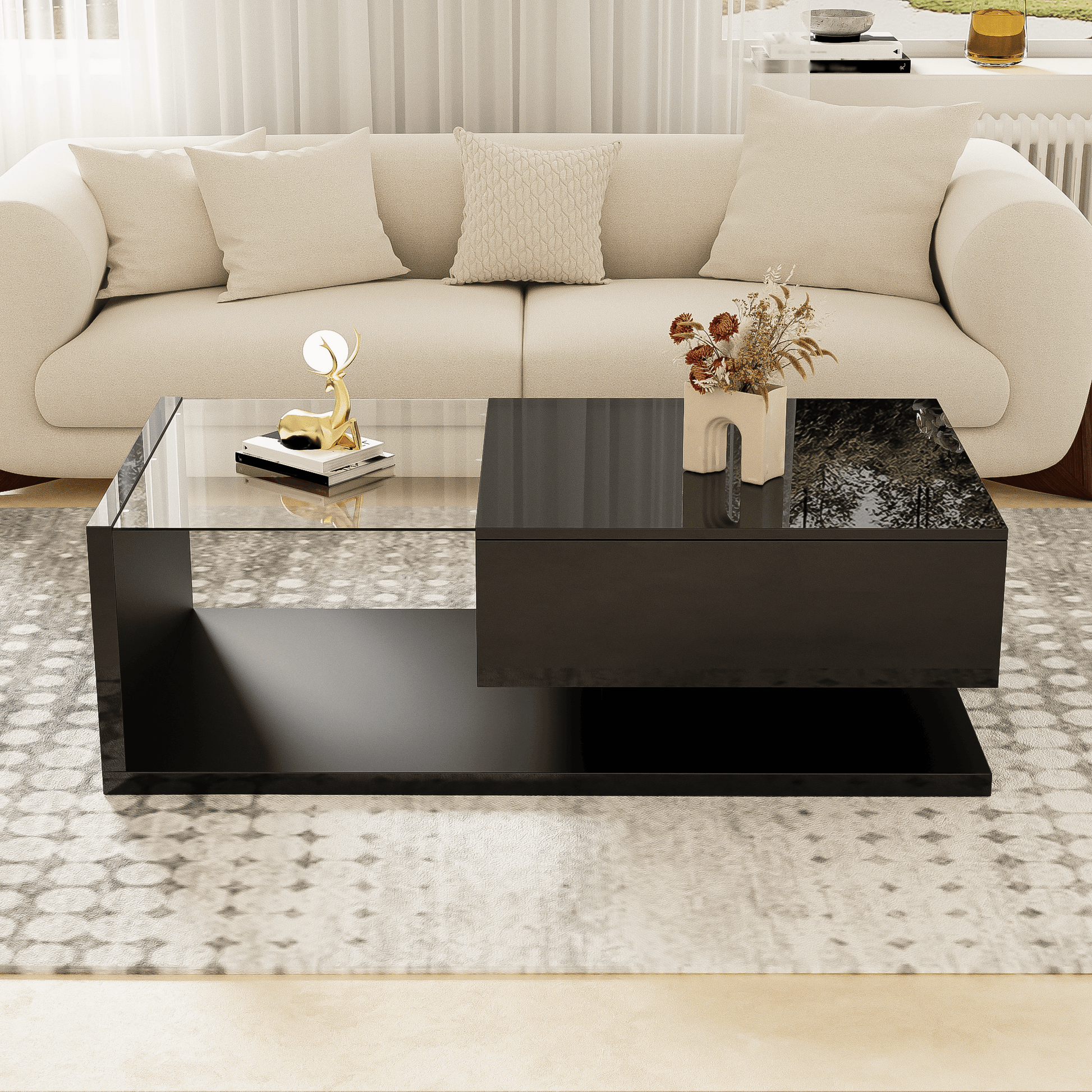 ss Black Coffee Table with Glass Top & LED Lighting