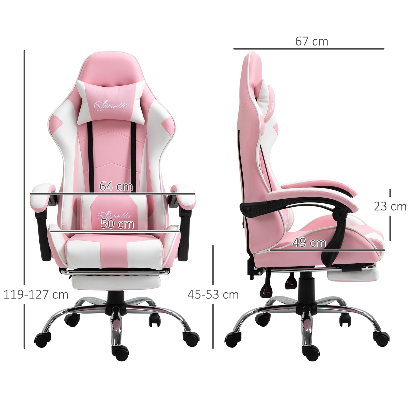 Vinsetto Ergonomic Gaming Chair, PU Leather Reclining Computer Chair With Footrest And Lumbar Support, Headrest And Adjustable Height For Adults, Pink