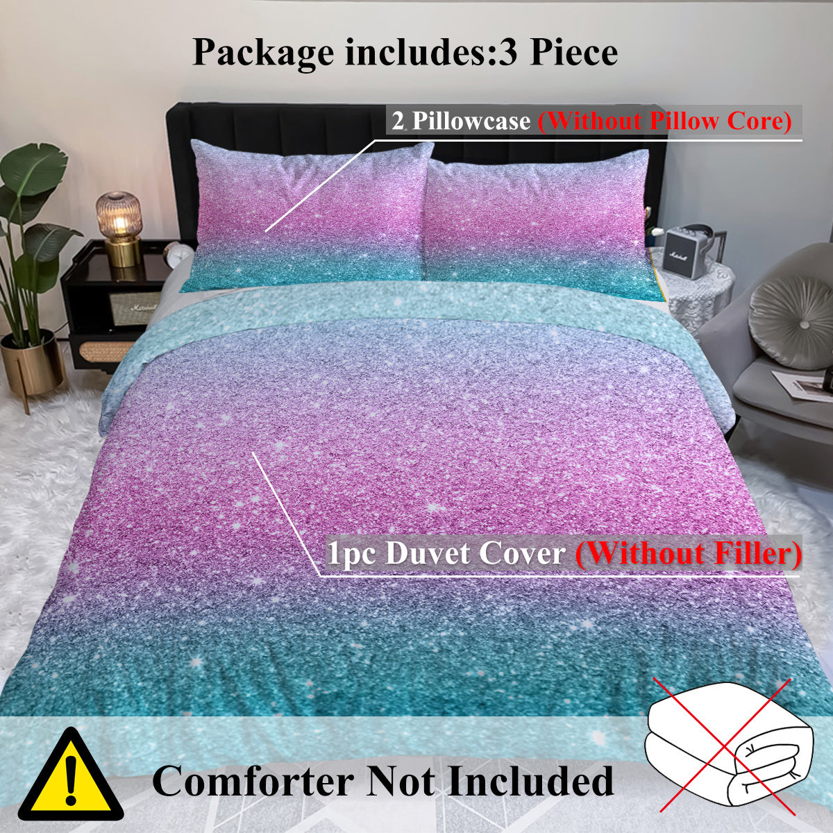 Celestial Dream Rainbow Glitter Ombre Bedding Set | 3-Piece Pastel Duvet Cover Set with 2 Pillow Shams, Purple Blue Green (Double/Full)