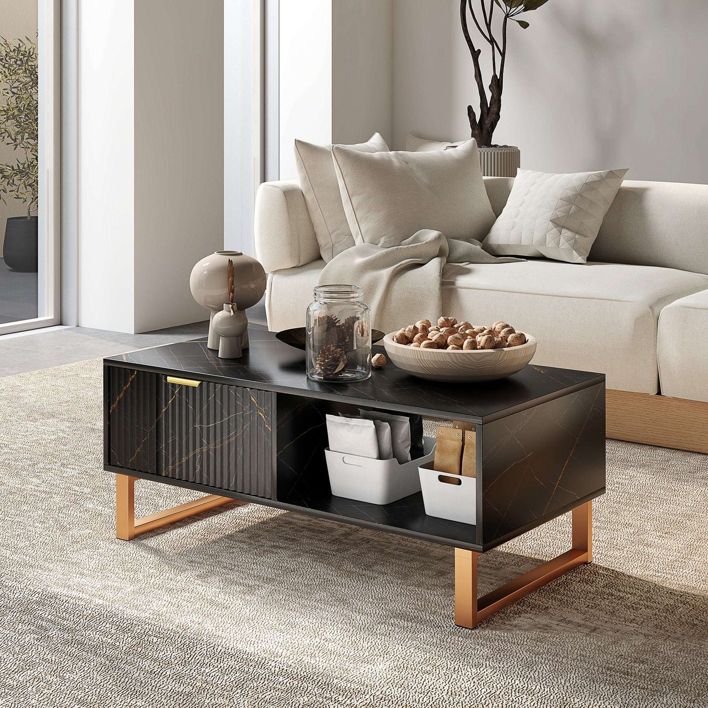 Black Marble‑Effect Coffee Table with Drawer & Shelves – Gold Accents