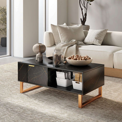Black Marble‑Effect Coffee Table with Drawer & Shelves – Gold Accents