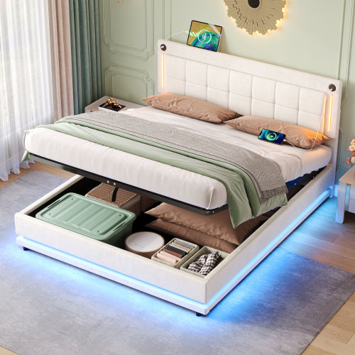 Beige 4ft6 Velvet LED Hydraulic Storage Bed with USB & Type‑C Charging Station