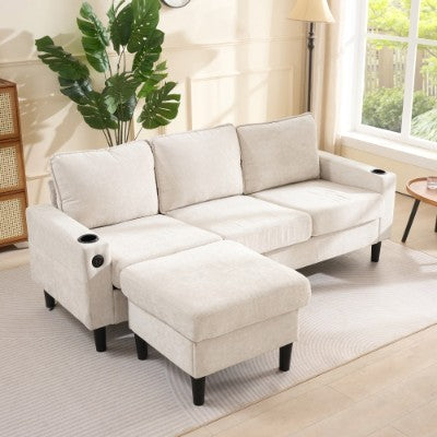 Beige L‑Shaped 3‑Seater Sofa with USB & Cup Holders