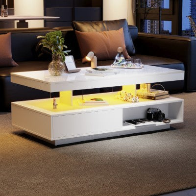 LED Coffee Table with 2 Drawers – White High-Gloss Centre Table with 16-Color Lights