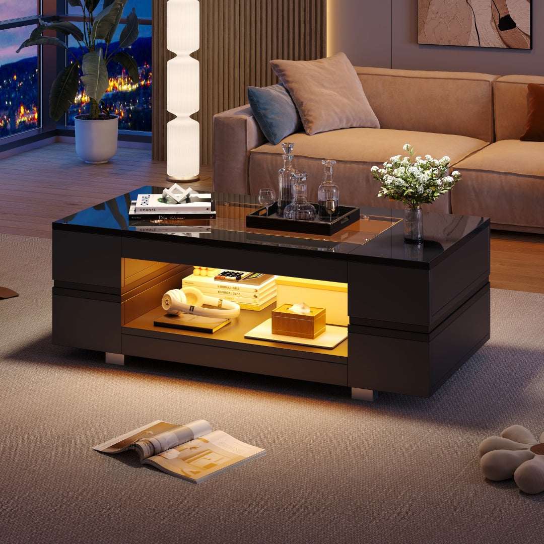 Black High‑Gloss LED Hollow Coffee Table with Glass Top