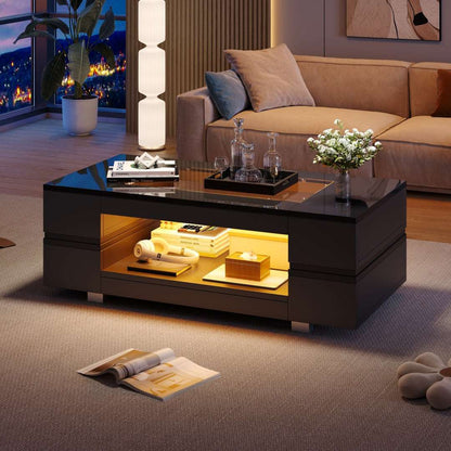 Black High‑Gloss LED Hollow Coffee Table with Glass Top