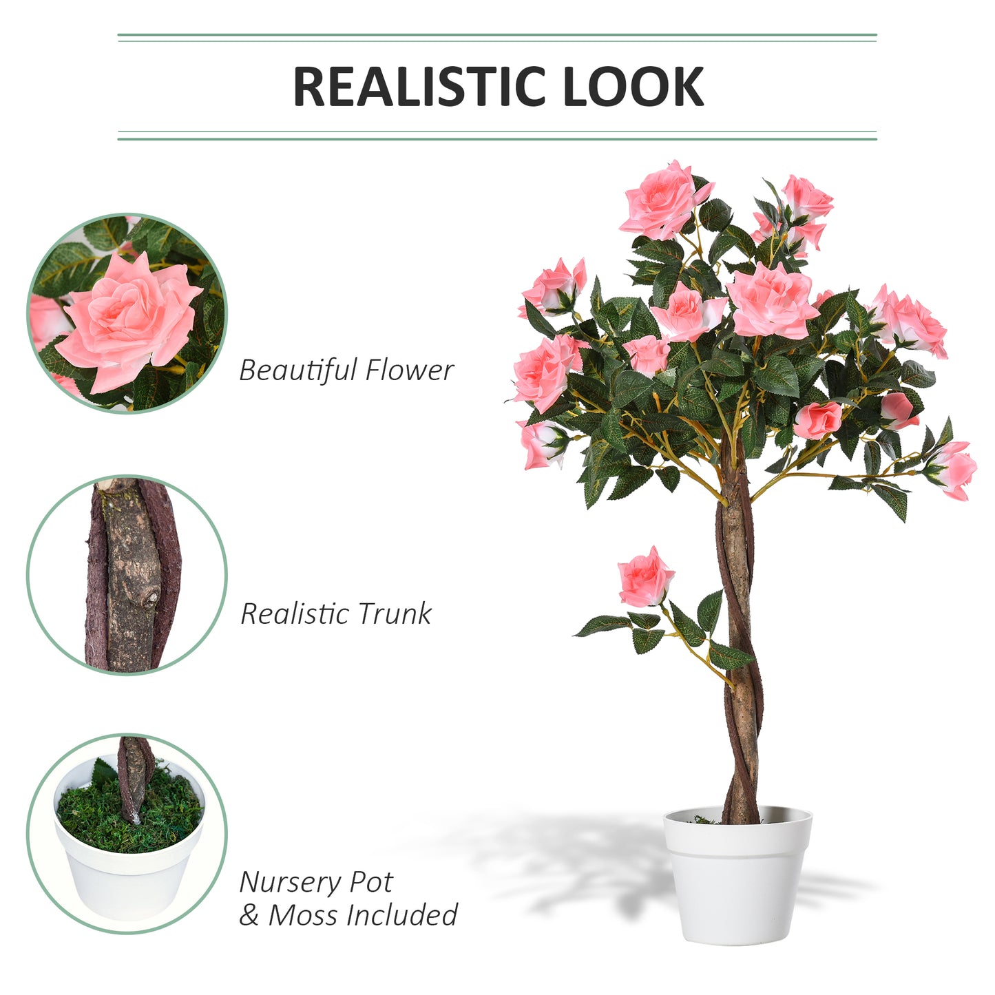 Artificial Plants Pink Rose Floral In Pot, Fake Plants For Home Indoor Decor, 90cm