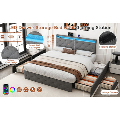 Grey 4ft6 Linen Upholstered Bed with 4 Storage Drawers, LED Lighting & USB/Type‑C Charging