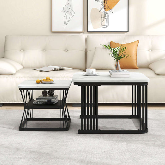 Set of 2 Square Nesting Coffee Tables – White Marble Top & Black Metal Frame