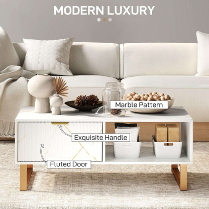 White Marble Effect Coffee Table with Drawer and Shelves – Gold Accents