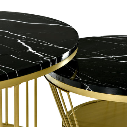 Set of 2 Round Nesting Coffee Tables with Gold Metal Frame & Marble‑Pattern Tops – Black